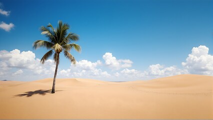 Solitary palm tree stands against golden desert dunes under bright blue sky with fluffy clouds. Perfect for travel, nature, and serene landscape visuals.