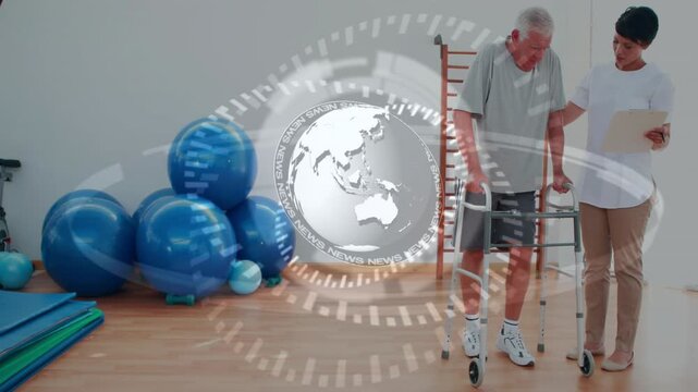 Therapist cueing senior for rehab, taking steps with walker while PT aiding under rotating globe
