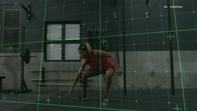 Female athlete entering from right, doing squat and lateral drill, grid tracking motion for fitness