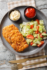 Tender Sicilian beef steak in a Parmesan and breadcrumb crust served with a fresh salad and two sauces close-up on a plate on the table. Vertical top view from above