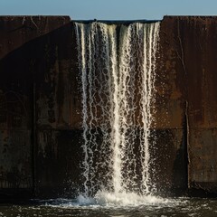 Excessive water aggressively spills over the high edge of a worn containment structure, clearly indicating system failure, damage, or massive waste ,damage ,flow ,emergency