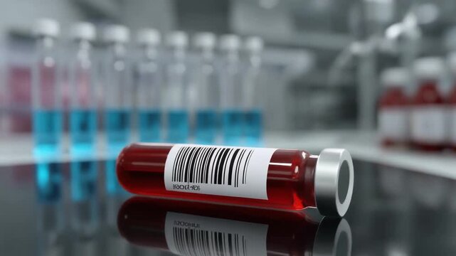 Clinical analysis A labelled biological sample tube with a barcode lies on a reflective lab bench