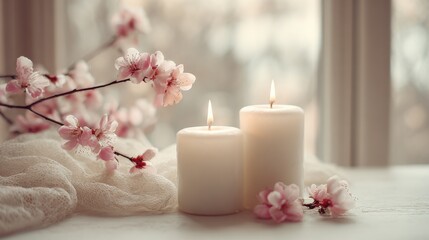 Candles and Cherry Blossoms: A Serene Still Life Composition for Relaxation and Mindfulness
