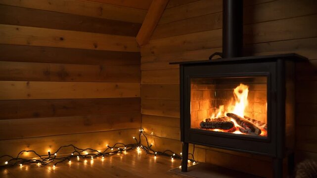 Warm and inviting rustic interior scene with a modern wood-burning asmr fireplace and glowing string lights with copy space