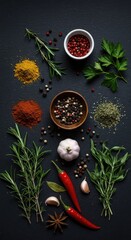Fresh herbs and robust spices arranged for meticulous culinary work, emphasizing the quality needed for a delicious homemade meal ,salt ,rustic ,vibrant