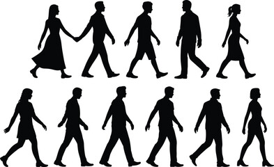 Silhouettes of diverse people walking in various poses and outfits, perfect for fashion, movement, lifestyle, and behavioral 