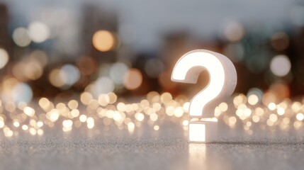 Close-up of a white question mark on a glittery surface. the question mark is in the center of the image and is slightly tilted to the right.