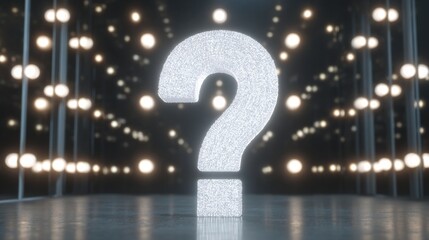 3d rendering of a large question mark in the center of a room with a dark background.