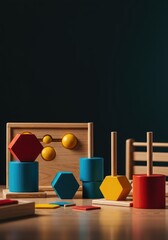 Geometric wooden teaching aids arranged neatly on a table surface, demonstrating fundamental concepts for early education and development ,educational toy ,shape ,geometric