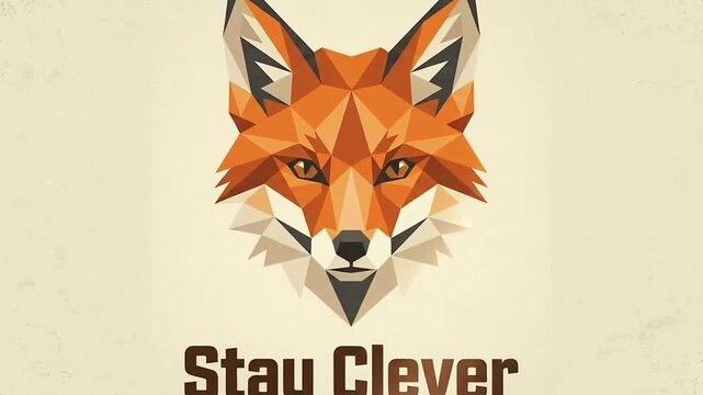 A geometric fox head looks forward with sharp angles and bold orange colors on a simple background.