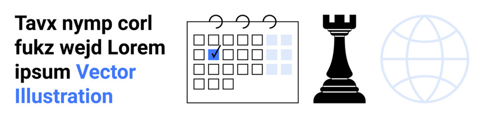 Business planning, global strategy, scheduling, management concepts, decision-making, leadership. A marked calendar, chess rook and globe symbol illustrate strategy and planning. Business planning © robu_s