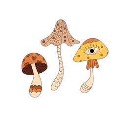 Groovy y2k cartoon magic mushroom with trippy eye as groovy element. Shroom design in fantasy and psychedelic yellow style, retro cool detail for playful decor and nature themes.