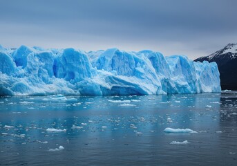 Immense frozen landscape featuring a colossal glacier wall displaying deep sapphire blue hues and textures, floating on the icy cold arctic water ,natural ,white ,snow