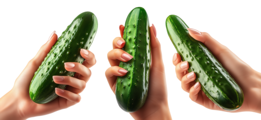 Hand holding a fresh green cucumber, isolated on white transparent background, concept of healthy eating.