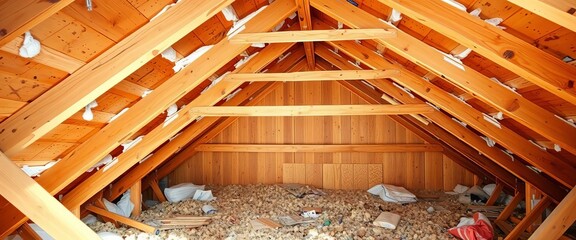 Unfinished attic space undergoing transformation Exposed wooden beams, insulation, and building materials signal a major renovation project,  project,  development