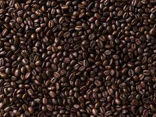 Close Up Macro Detail of Shiny Aromatic Arabica Coffee Beans Pile for Caffeine Drink Concept.