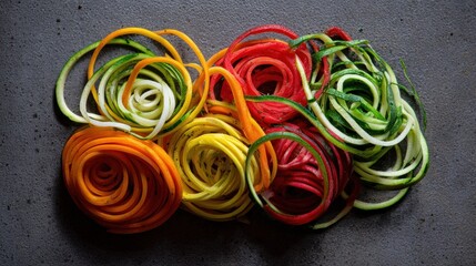 Colorful spiralized vegetables are arranged on a dark background for healthy eating