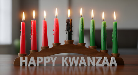 Kwanzaa kinara with lit candles and happy kwanzaa sign