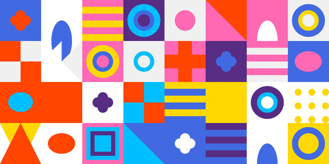Vibrant abstract geometric mosaic pattern with colorful squares, circles, triangles, ovals creating a modern, dynamic background illustration.