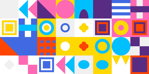 Vibrant abstract geometric pattern with diverse shapes including circles, squares, and triangles in a cheerful, modern mosaic layout