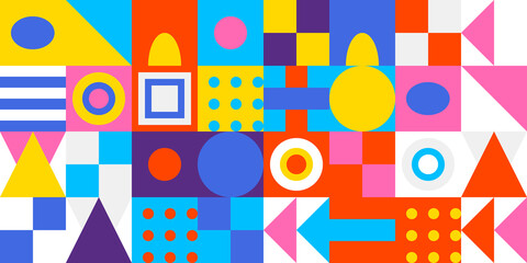 Vibrant geometric pattern background with diverse colorful shapes including circles, squares, triangles, and abstract elements