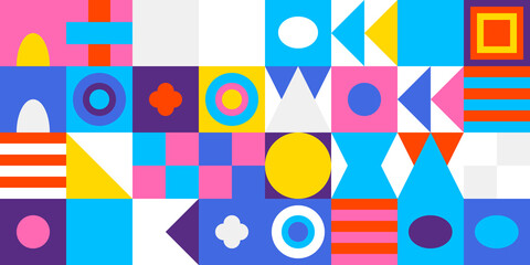 Obraz premium Abstract geometric pattern background with vibrant colorful shapes, squares, triangles, and circles in a retro modern mosaic style.