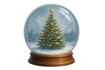 Snow globe creating a festive christmas winter scene with a decorated fir tree and falling snow, transparent background