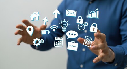 Hands displaying interactive digital icons, symbolizing networking, communication, modern technology, and innovative solutions for business growth