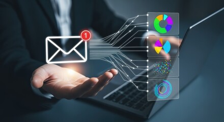 Email Marketing Strategy Visualized with Person Holding Glowing Envelope Icon and Data Analytics Charts
