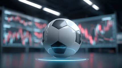 Soccer Ball Displayed on Illuminated Platform with Blurred Financial Charts Background, Modern Commercial Illustration