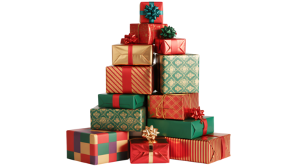 A tall pyramid of festive christmas holiday gift boxes stacked high in a tree shape isolated on transparent background