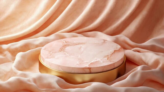 A pink marble podium with golden base set on elegant soft fabric background, illuminated with warm light, luxury, minimal design, beauty product showcase, premium branding and modern presentation.