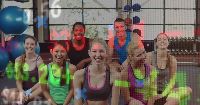 Gym class group reacting to animated overlay leaning and celebrating thumbs-up by balls and weights