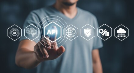 Man Interacting with API Interface: Artificial Intelligence, Security, and Global Network Connectivity Concept