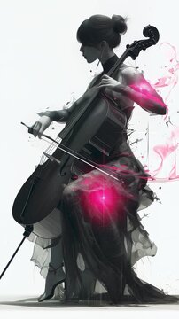Elegant Cellist in Black-and-White with Vibrant Pink Energy Effects