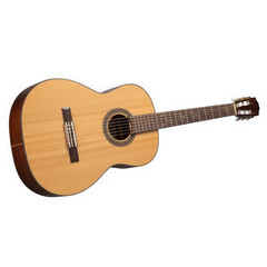 Classic acoustic guitar with light brown body isolated on transparent background