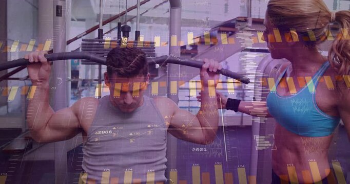 Male client gripping bar while coach adjusting wrist doing pulldown reps for health HUD tracking