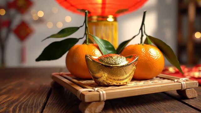 Lunar New Year setup oranges golden sycee lantern wooden tray on wood table