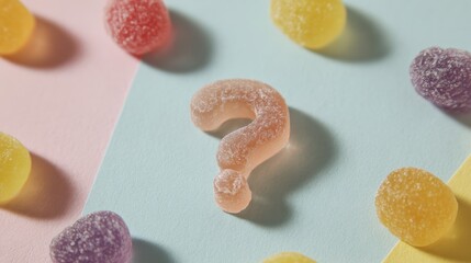 Close-up of a question mark made of gummy candies. the question mark is in the center of the image and is made up of small, round candies in various colors - red, yellow, purple, and pink.