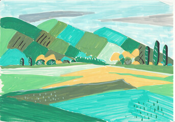 Contemporary Marker Drawing of Countryside Field and Farm Land