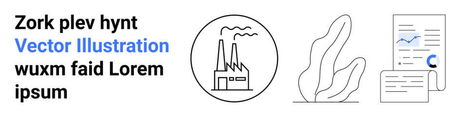 Environmental awareness, industrial processes, business analytics, eco-conscious design, natural sustainability, corporate strategy. A factory, plant illustration and data graphs. Industrial