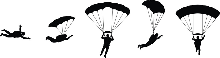 Silhouettes of five skydivers in various parachute stages, illustrating dynamic descent for sports, education, and design themes.