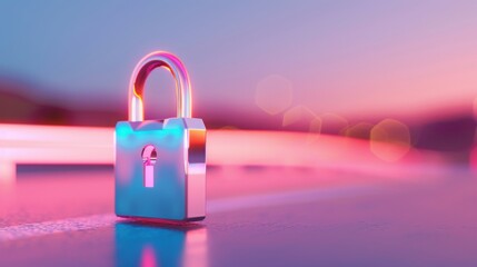 Padlock with glowing rainbow colors for security and technology concept, futuristic background
