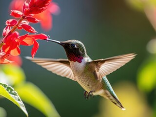 Naklejka premium A colorful hummingbird hovers near vibrant red flowers, using its long beak to feed on nectar against a blurred green backdrop.