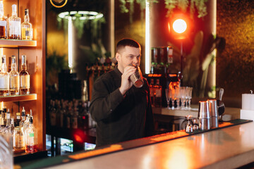 Bartender Working in Modern Bar Interior Preparing Drinks With Cocktail Shaker