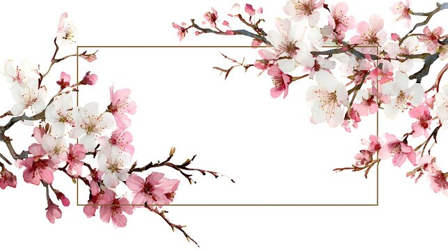 Pink and white cherry blossoms on brown branches with gold frame pink flowers white flowers - Powered by Adobe