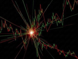 Abstract depiction of chaotic data visualization, featuring red and green jagged line graphs exploding from a central bright white starburst on a black background.