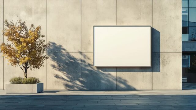 A minimalist outdoor billboard mockup on a concrete wall beside a tree casting shadows, illuminated by natural light, advertising, branding, marketing, promotion, design and creative presentation.