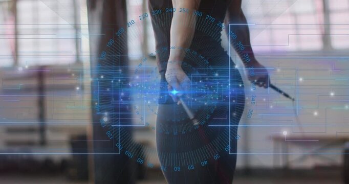 Female athlete grabbing rope handles and starting jump-rope routine in fitness, HUD tracking motion