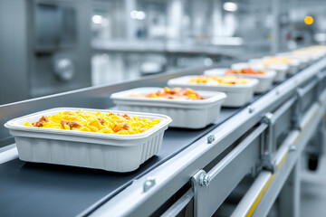 Eco-friendly vegan meals on a conveyor belt in a food production facility Generative AI